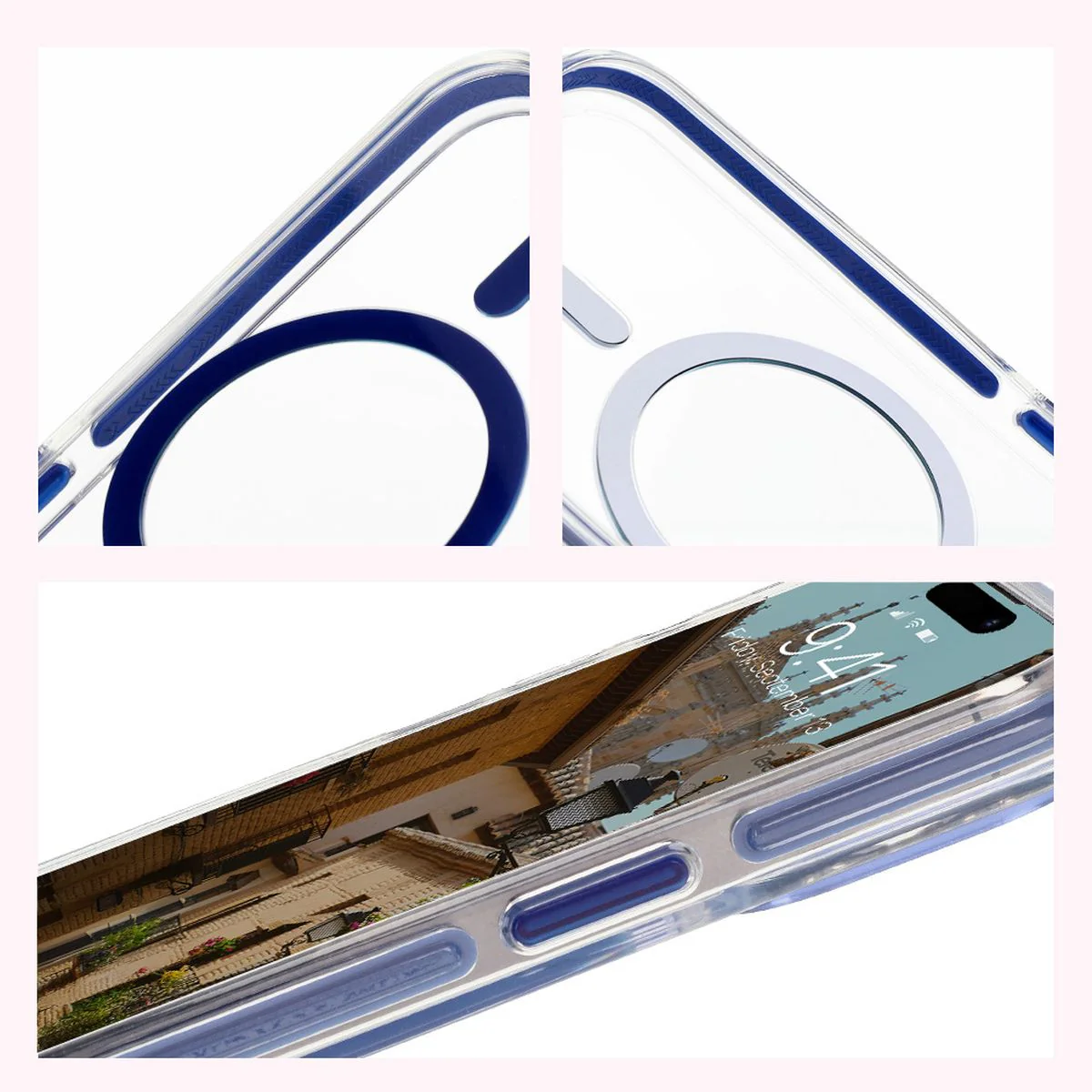 Handyhülle mit Magnetring für iPhone 15 Pro, Bizon Case Marco, Transparent mit blauem Rahmen - Image 6