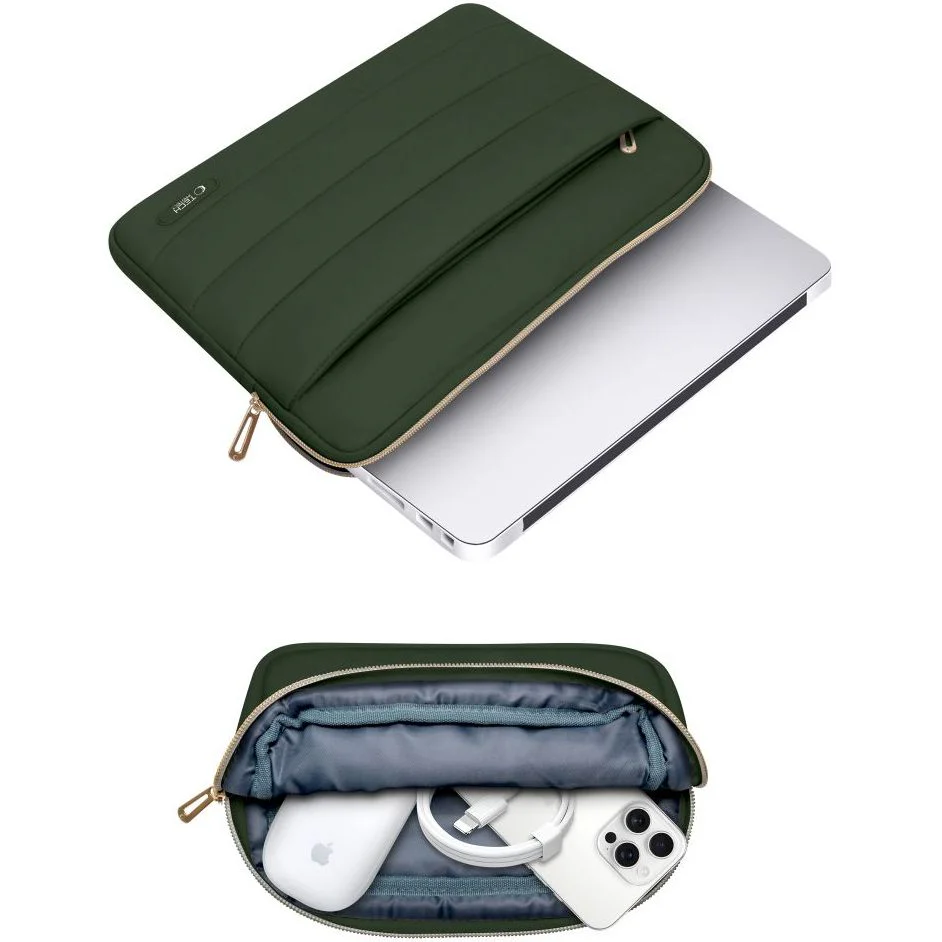 Schutzhülle für Laptop 15" - 16" + kleine Zubehörtasche, Tech-Protect Puffy, Dunkelgrün - Image 6